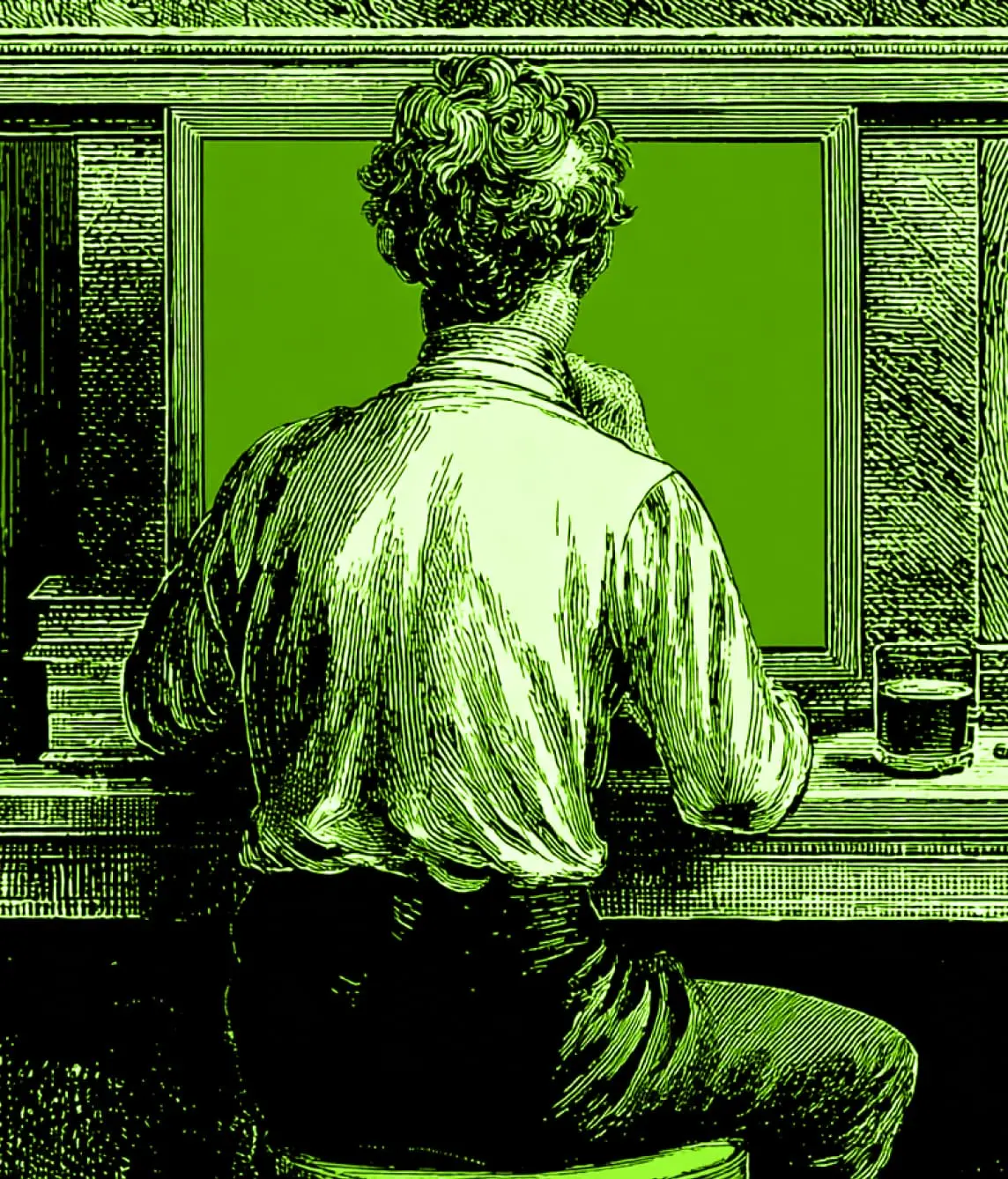 Renaissance-inspired illustration of a person working at a desk