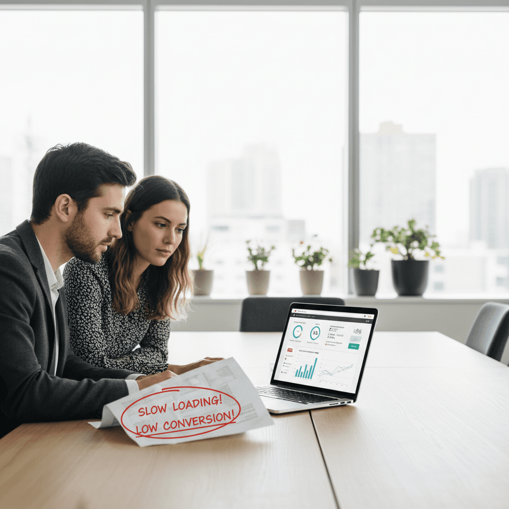 Founder reviewing website redesign services plan to fix slow site and low conversions