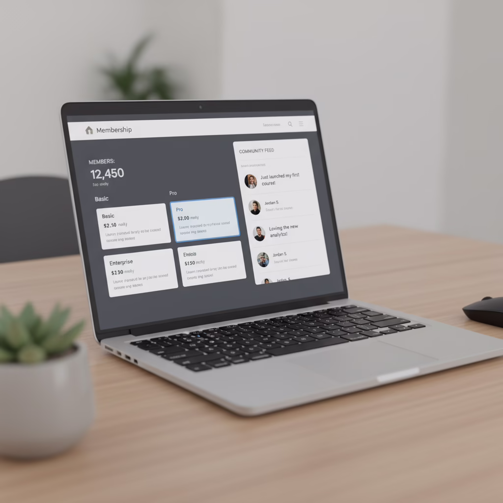 How to build membership website dashboard with pricing tiers and member area on laptop