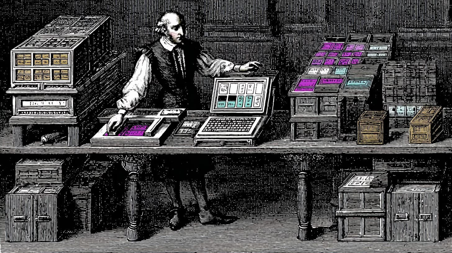 Ecommerce team member updating a storefront from a packing table with products and shipping boxes