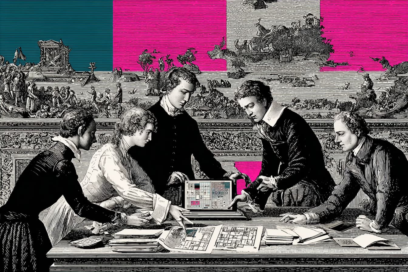 Team reviewing publisher digital products on tablets and printed app layouts