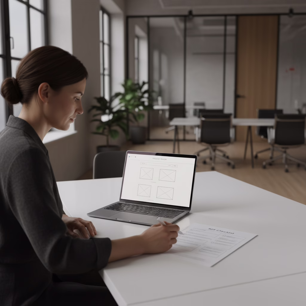 Founder drafting request for proposal website redesign with goals and scope checklist