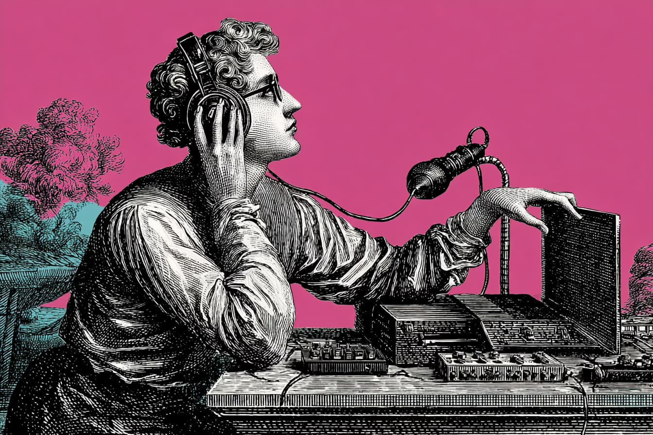 Scalable media publishing platform podcast recording with desk microphone and headphones