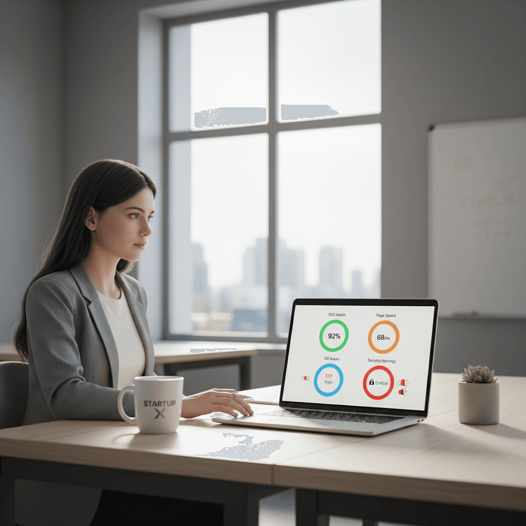Founder reviewing a website audit report to find SEO, speed, UX, and security issues