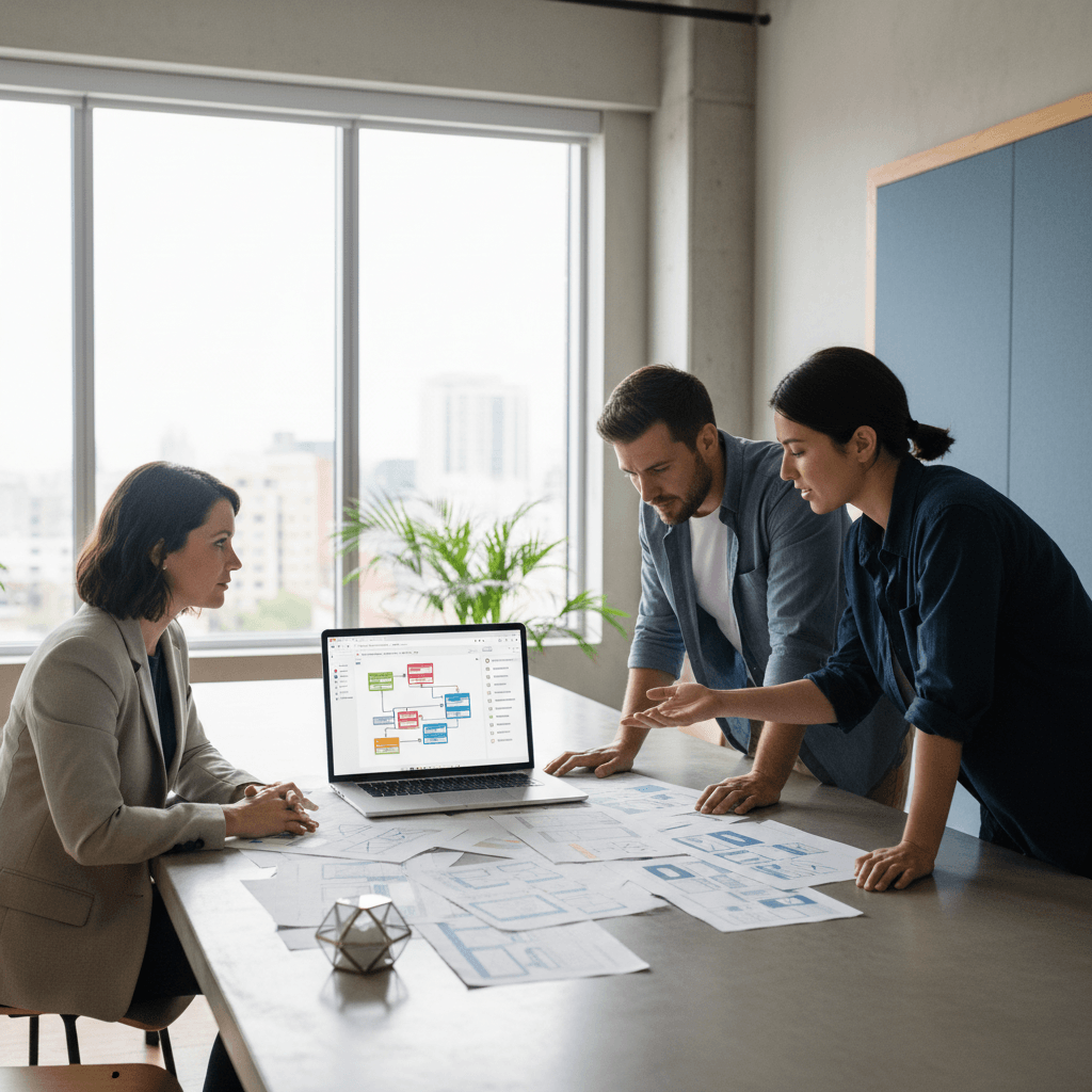Founder planning WordPress migration services with a team and a website checklist