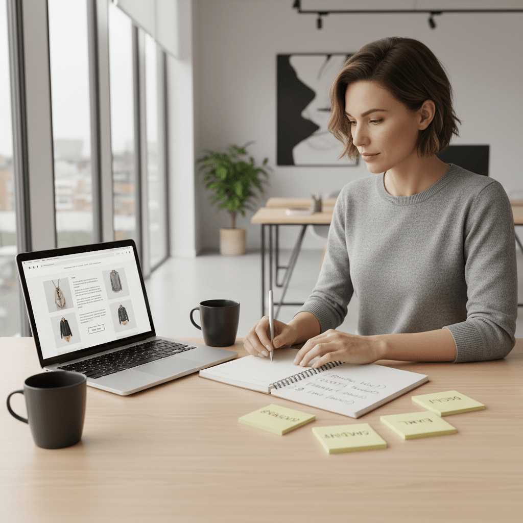 Founder planning ecommerce development roadmap with platform and budget notes