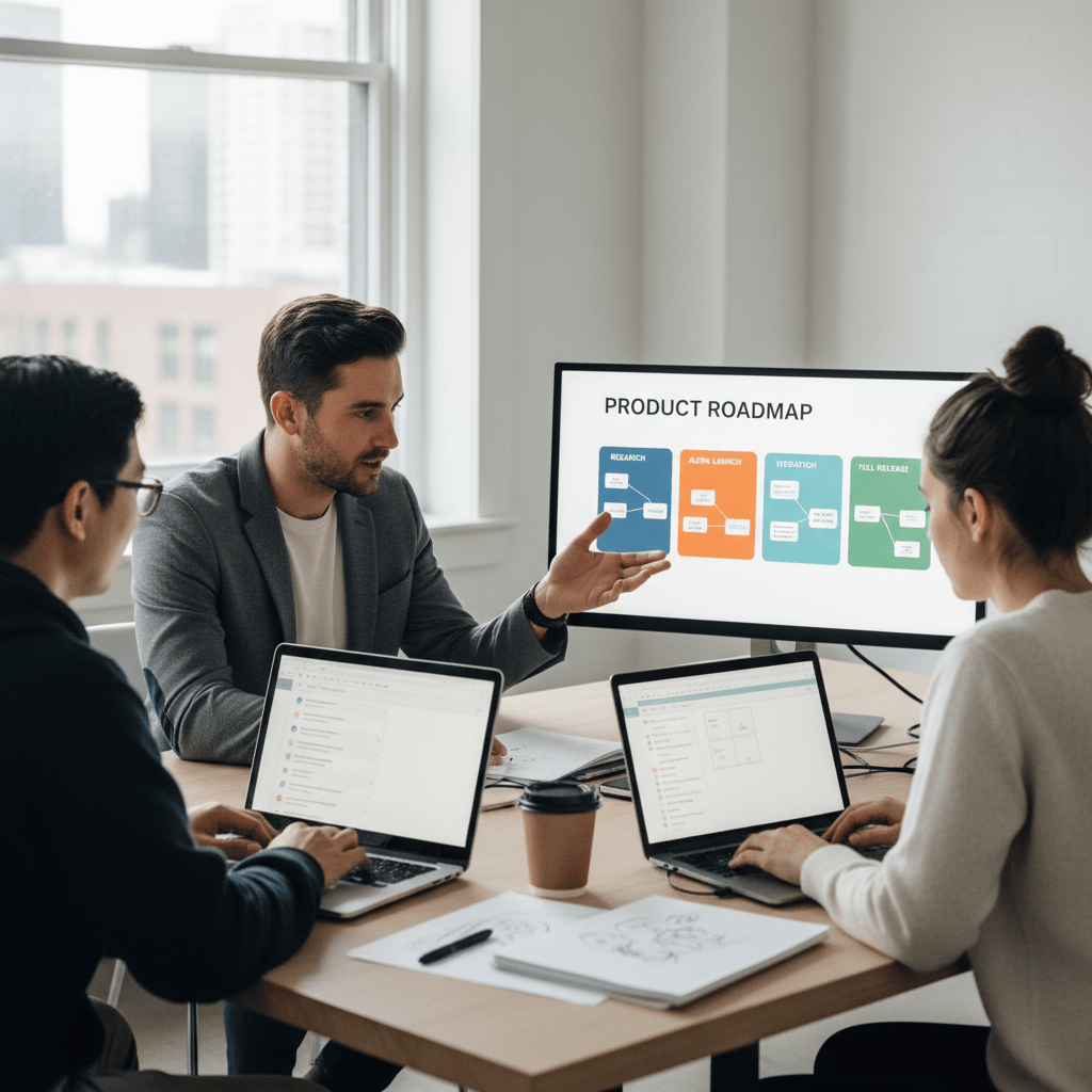 Product development for startups planning session with founder, designer, and engineer.