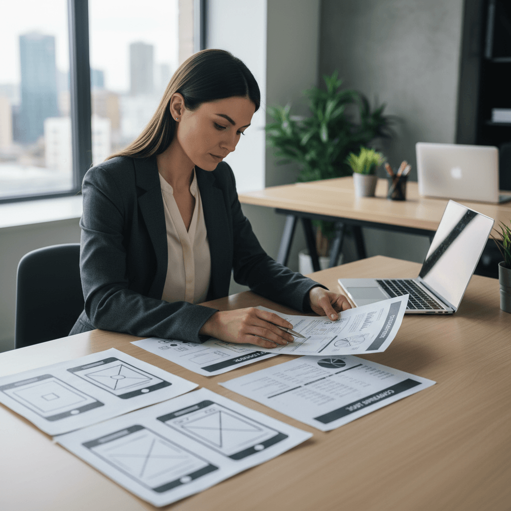 Founder planning software development cost estimation with wireframes and budget spreadsheet