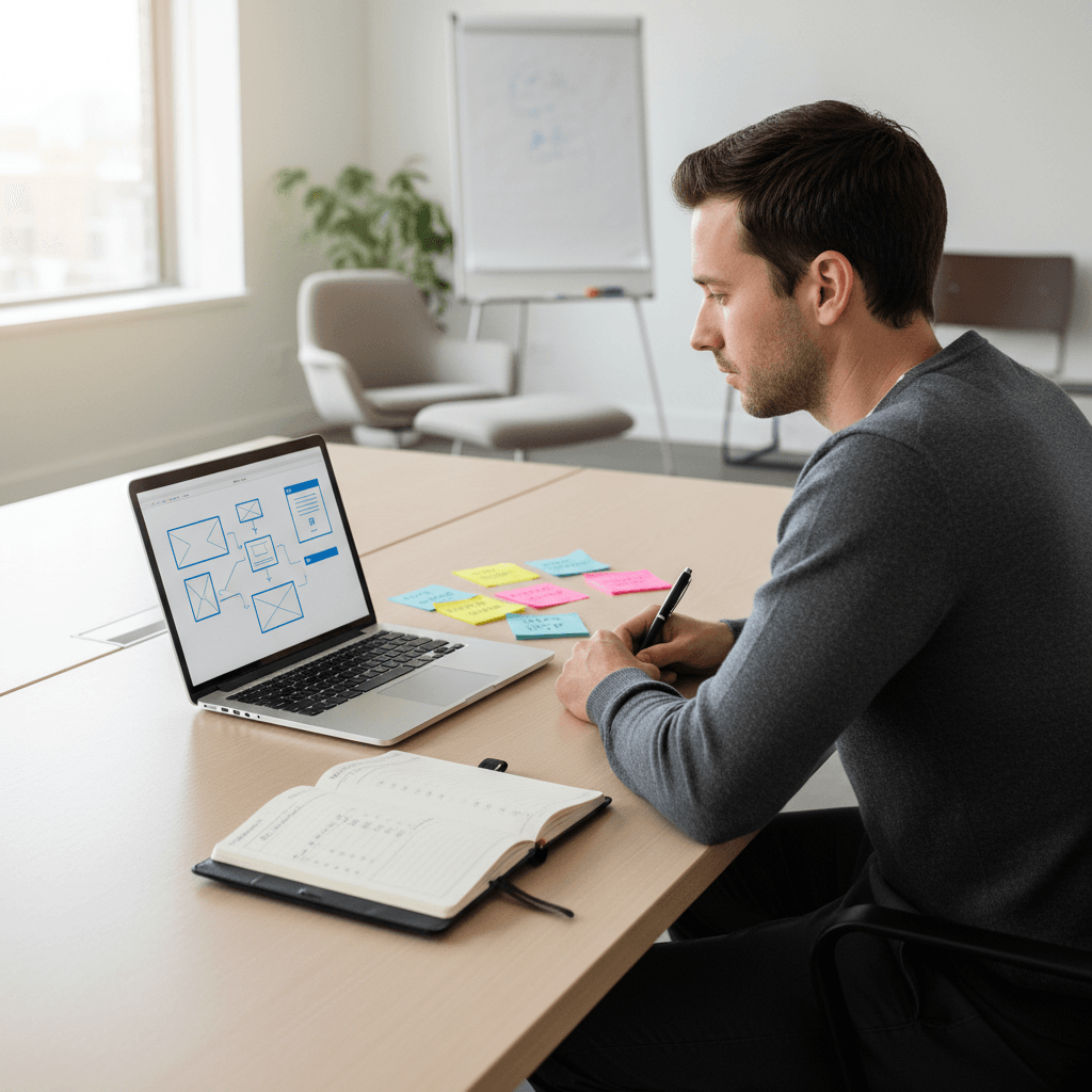 Founder planning MVP development roadmap with budget and timeline notes
