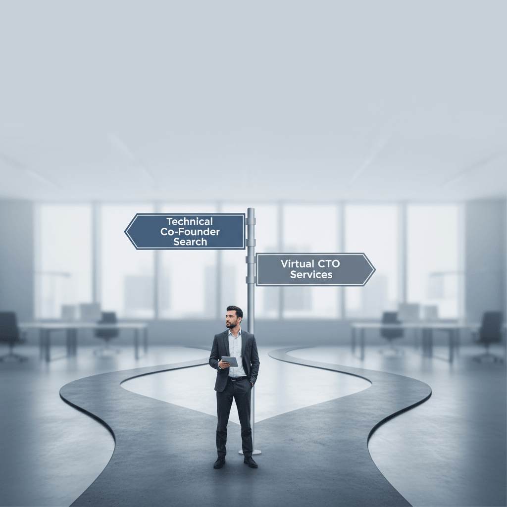Founder choosing between technical co-founder and virtual CTO services for startup build