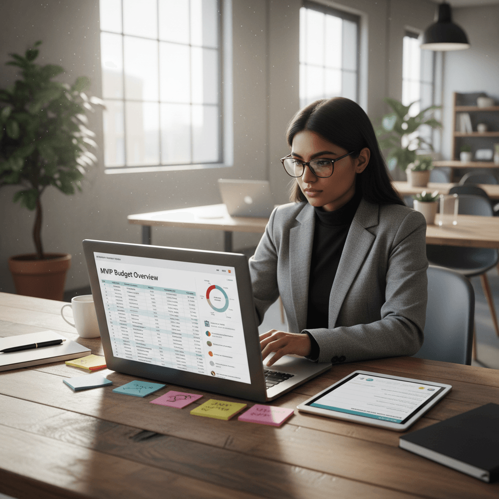 Founder planning MVP development cost with spreadsheet and feature list