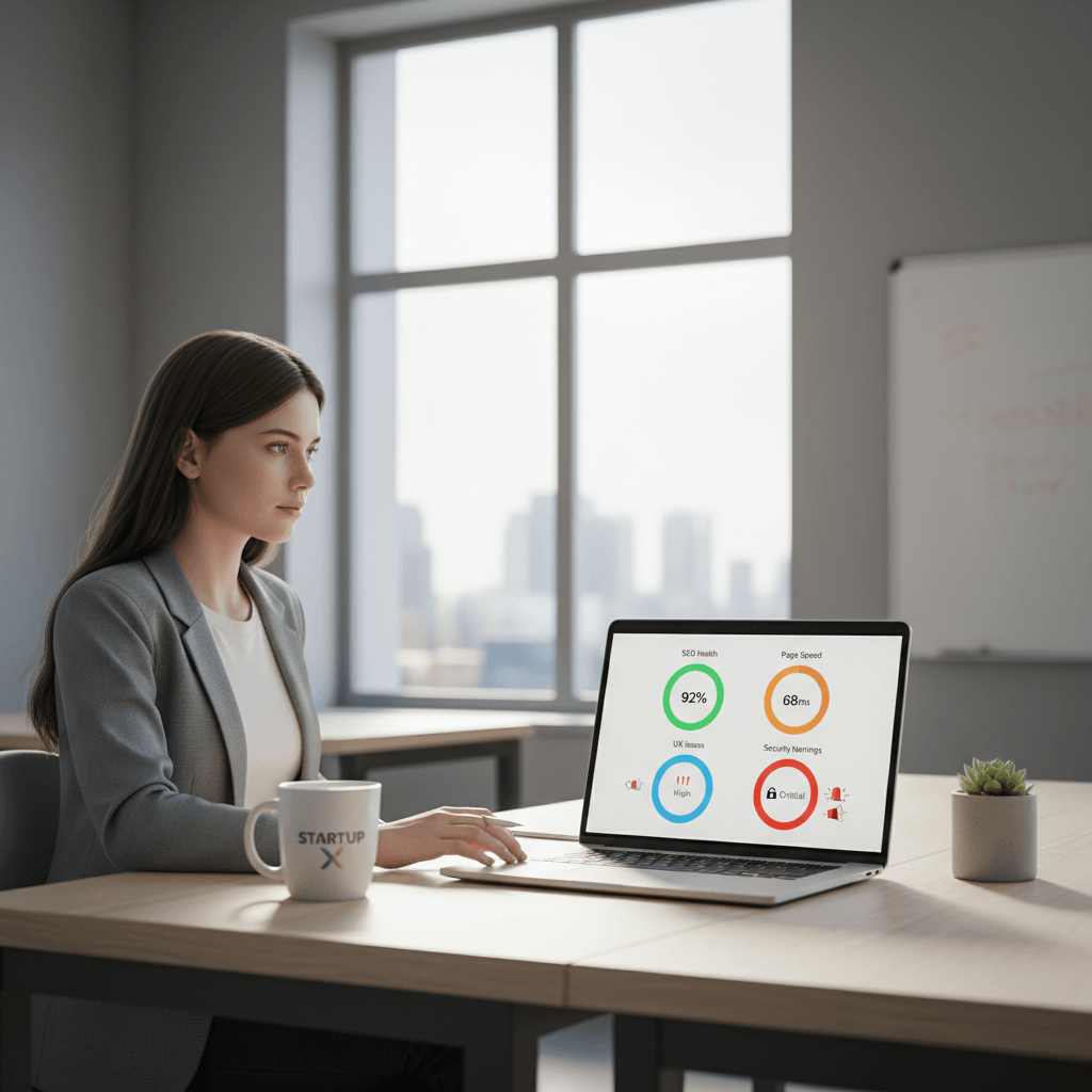 Founder reviewing a website audit report to find SEO, speed, UX, and security issues