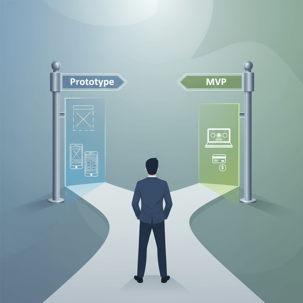 MVP vs Prototype decision fork showing founder choosing what to build first