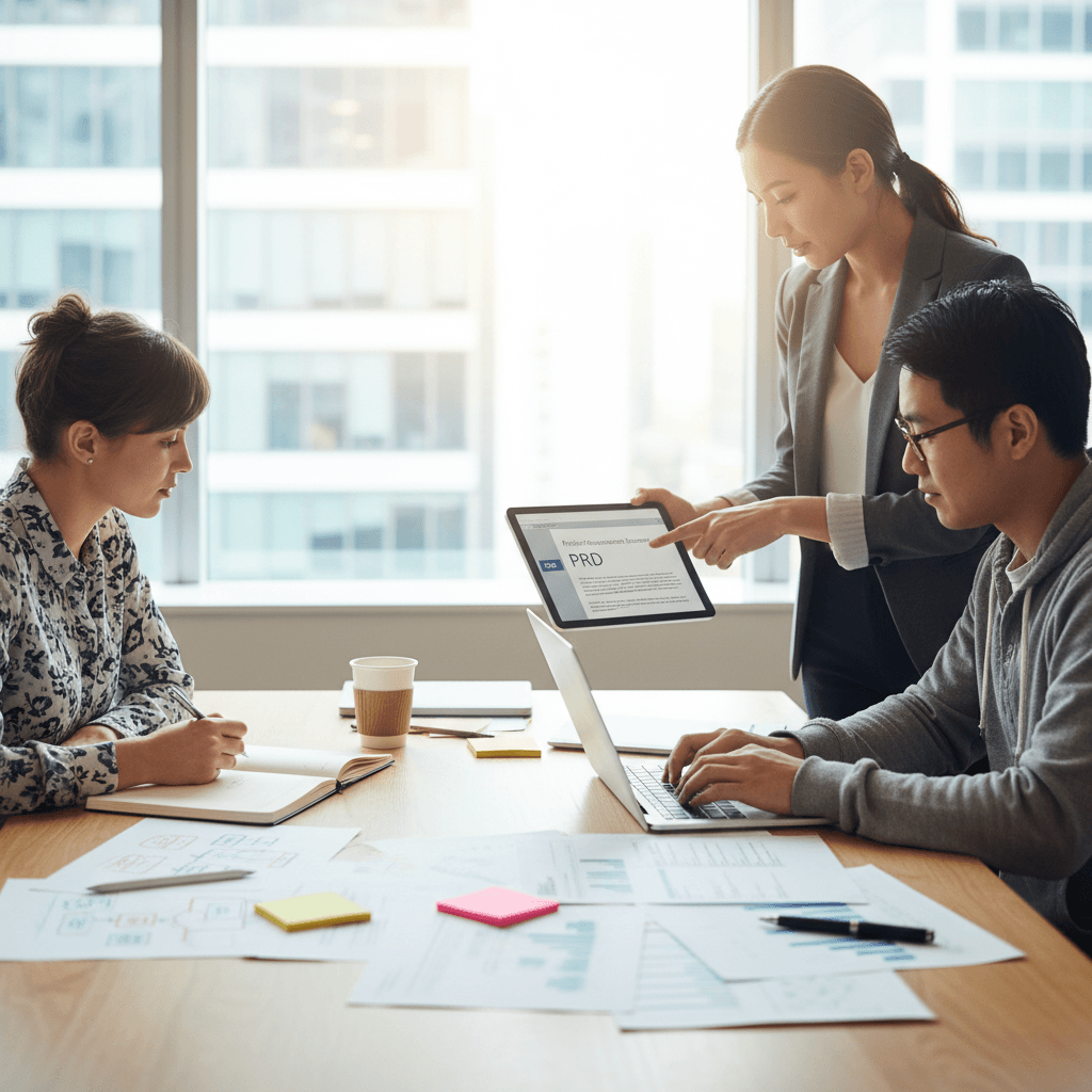 Founder reviewing a PRD template with design and engineering team