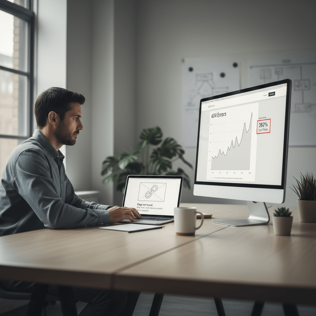 Founder reviewing analytics to design 404 page that keeps visitors from bouncing