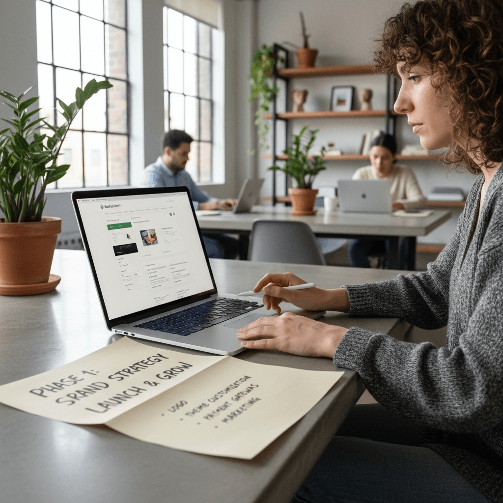 Founder planning Shopify development roadmap on laptop with notes and timeline