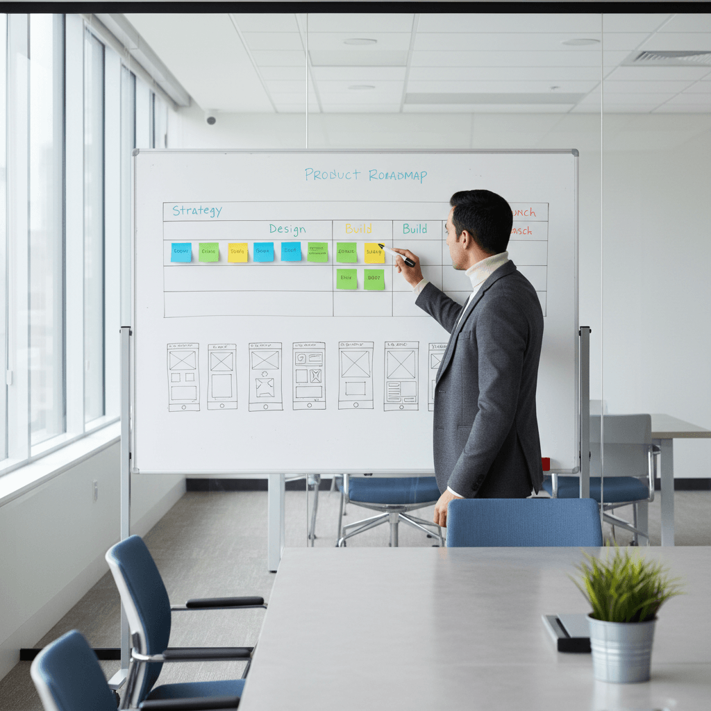 Founder planning the digital product development process on a whiteboard roadmap