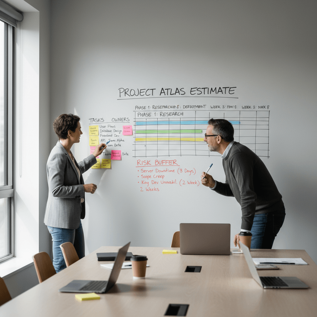 Estimating software development time with a founder reviewing a project timeline