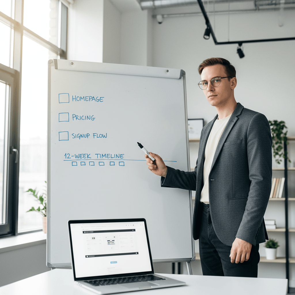 Founder planning website development for startups with MVP scope and timeline