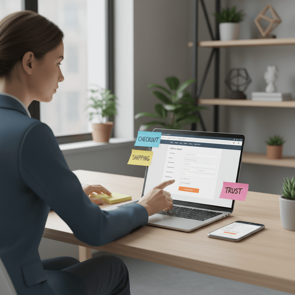 Founder reviewing ecommerce ux best practices on checkout across laptop and phone