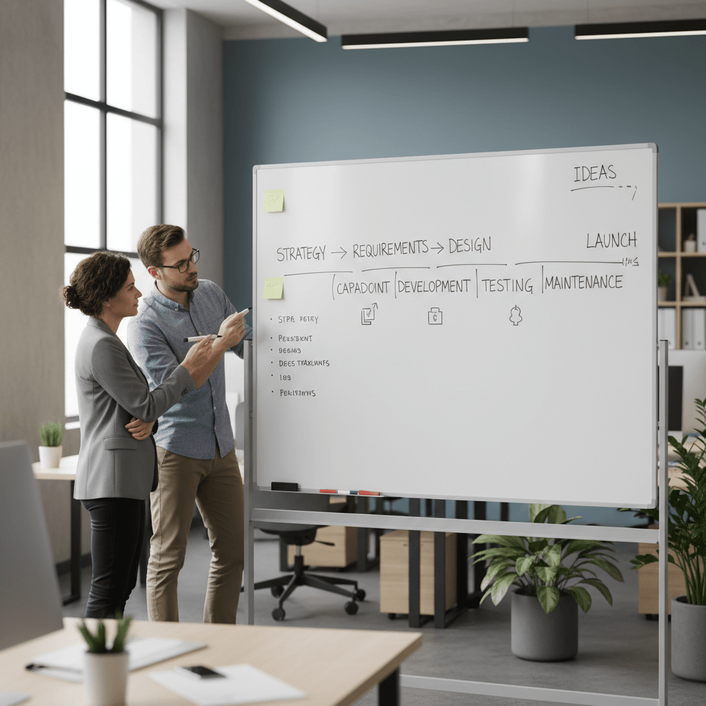 Software development life cycle best practices roadmap on a whiteboard with founder